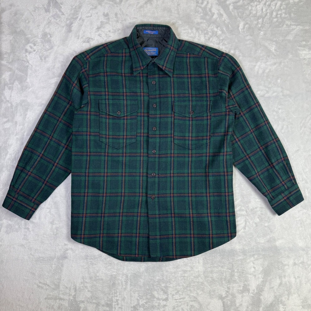 Pendleton Wool Button Down Shirt Mens L Green Plaid Made in USA Long Sleeve